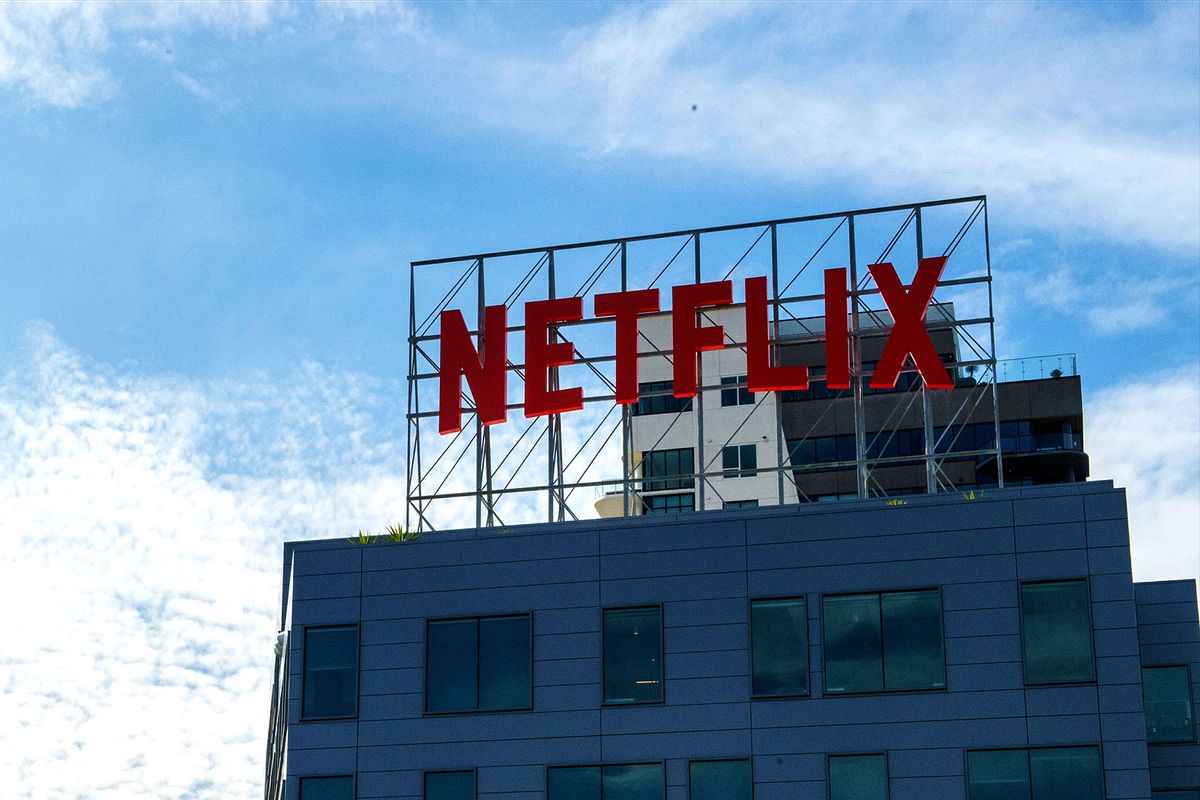 The Netflix logo can be seen on a building belonging to the video streaming provider in Los Angeles, California on 31 January, 2024. (Andrej Sokolow/picture alliance via Getty Images)