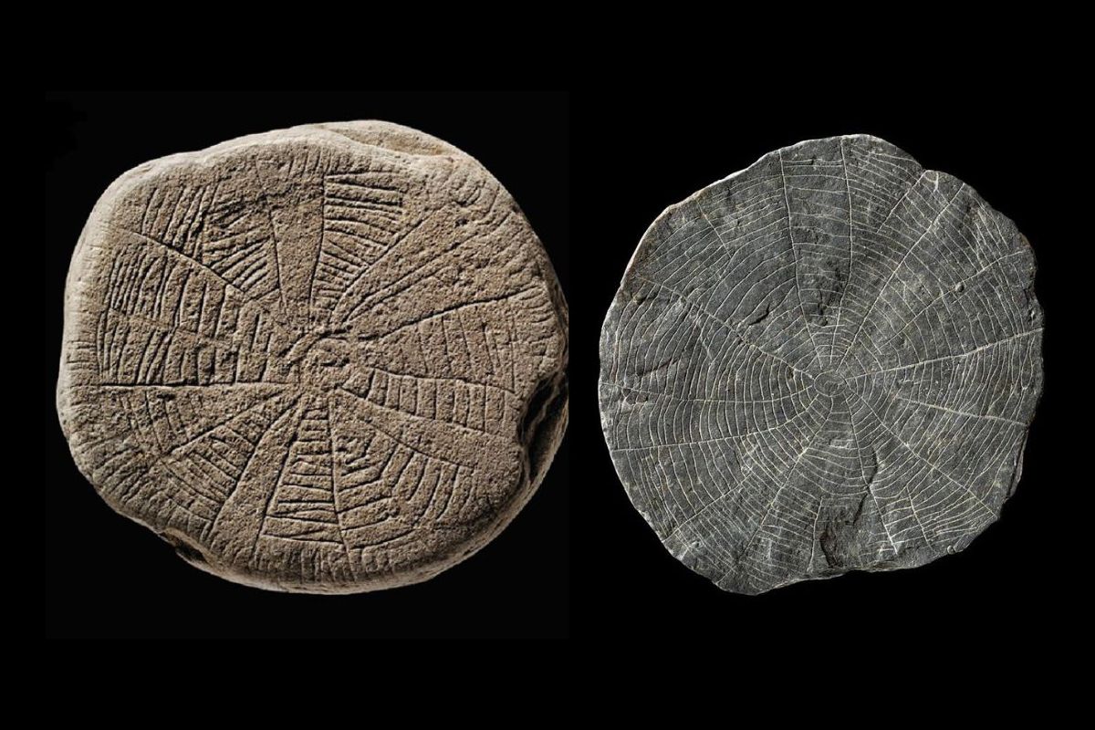 Two so-called sun stones, which are small flat shale pieces with finely incised patterns and sun motifs. They are known only from the island of Bornholm in the Baltic Sea. (National Museum of Denmark)