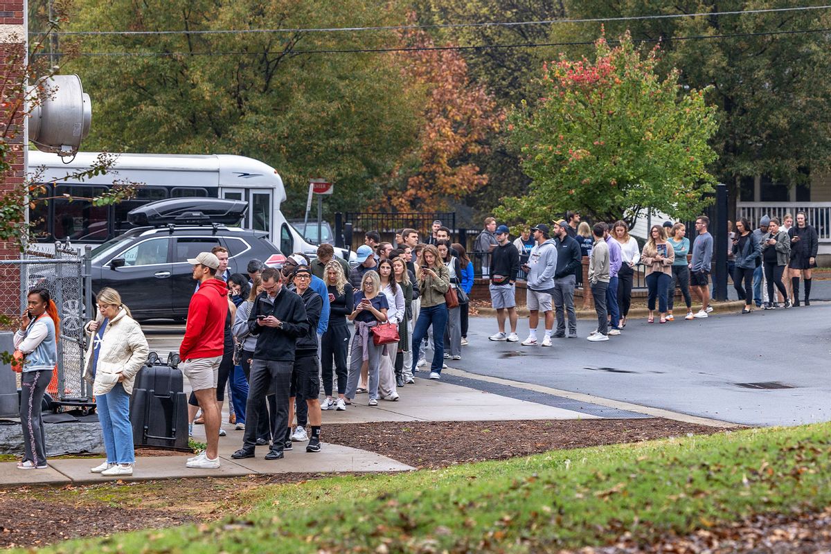 People wait in line to vote outside of a polling station at Greater Galilee Baptist Church on Election Day, in Charlotte, North Carolina, located within Mecklenburg County, on November 5, 2024. (GRANT BALDWIN/AFP via Getty Images)