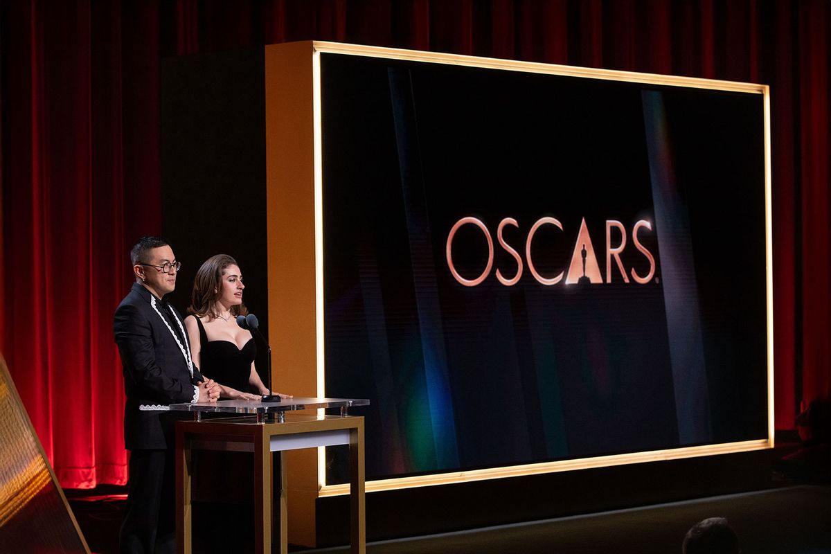 Bowen Yang and Rachel Sennott speak onstage during the 97th Oscars Nominations Announcement at Samuel Goldwyn Theater on January 23, 2025 in Beverly Hills, California. (Al Seib/The Academy via Getty Images)