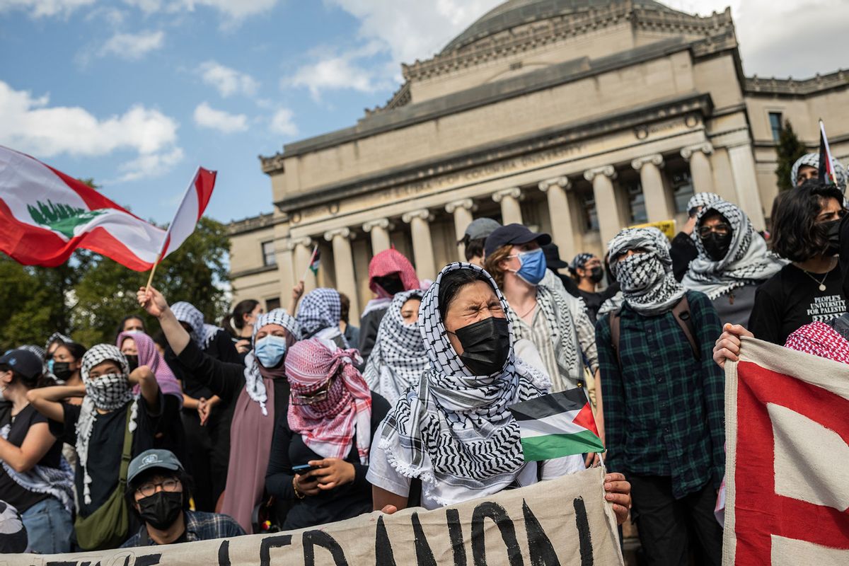 Students protest against the war in Gaza on the anniversary of the Hamas attack on Israel at Columbia University in New York, New York, on Monday, October 7, 2024. (Victor J. Blue for The Washington Post via Getty Images)