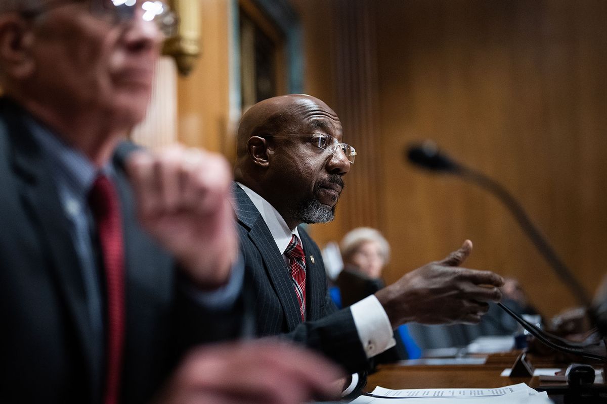 Sen. Raphael Warnock, D-Ga., questions Scott Bessent, President-elect Donald Trump's nominee to be Treasury secretary, during his Senate Finance Committee confirmation hearing in Dirksen building on Thursday, January 16, 2025. (Tom Williams/CQ-Roll Call, Inc via Getty Images)