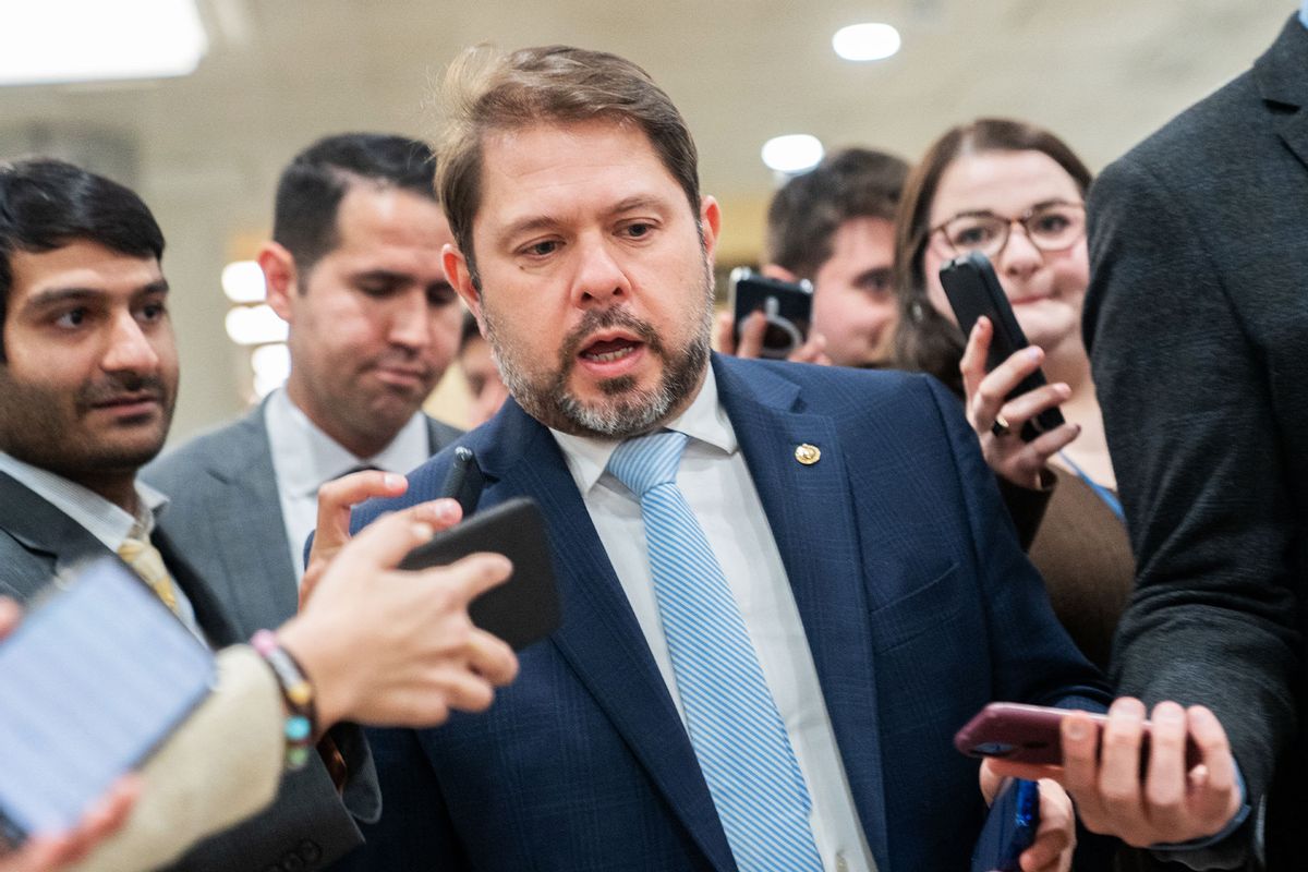 US Senator Ruben Gallego (D-AZ) speaks to reporters as he goes to vote on the Laken Riley Act at the US Capitol in Washington, DC, on January 9, 2025. (ALLISON ROBBERT/AFP via Getty Images)