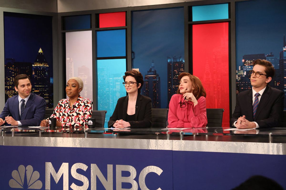 Rachel Maddow (Sarah Sherman), Joy Reid (Ego Nwodim), Chris Hayes (Andrew Dismukes), Stephanie Ruhle (Chloe Fineman) and Ari Melber (Marcello Hernández) on "Saturday Night Live." (NBC)