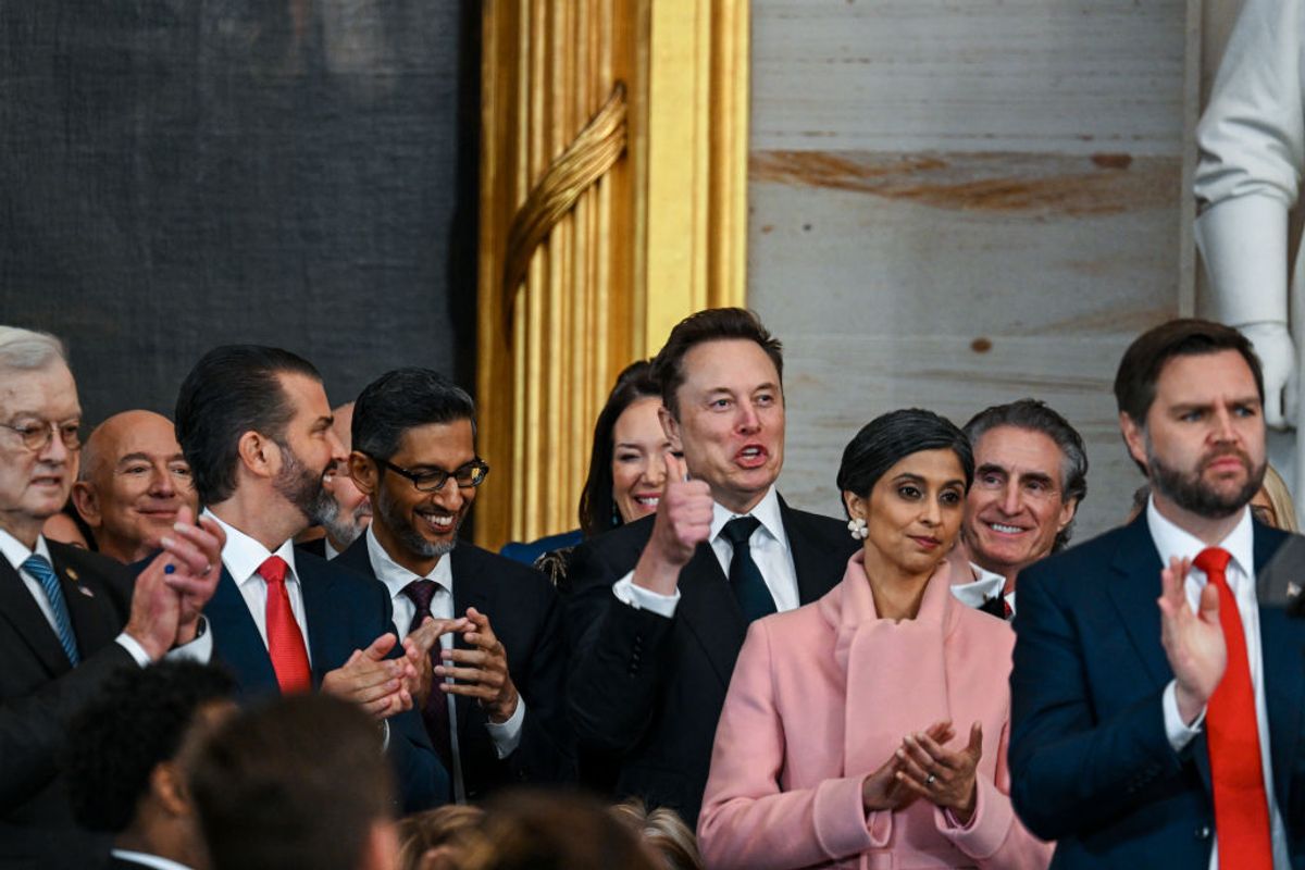 Amazon founder Jeff Bezos, Donald Trump Jr., Google CEO Sundar Pichai, Tesla CEO Elon Musk, Usha Vance, Interior Secretary nominee Doug Burgum and Vice President-elect JD Vance applaud during the inauguration of U.S. President-elect Donald Trump. (Kenny Holston-Pool/Getty Images)