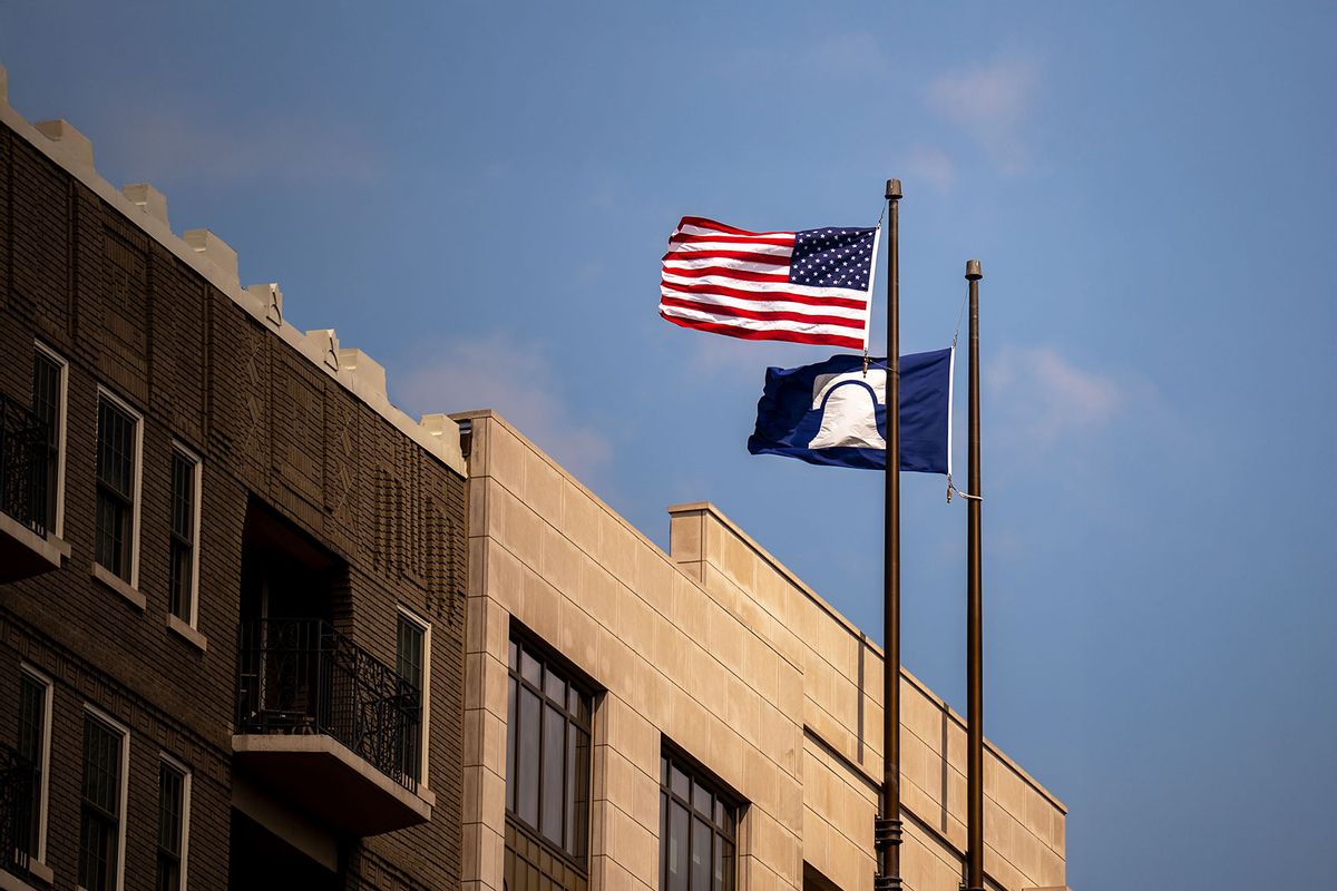 The Heritage Foundation flag flies over the building on July 30, 2024 in Washington, DC. (Andrew Harnik/Getty Images)