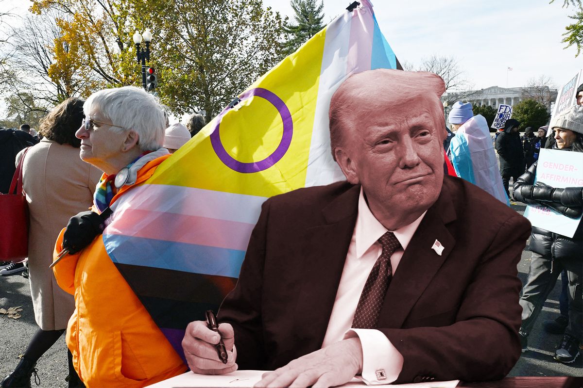 Trump signing an executive order over a crowd of protestors waving LGBTQ+ flags. (Photo illustration by Salon / Getty Images)