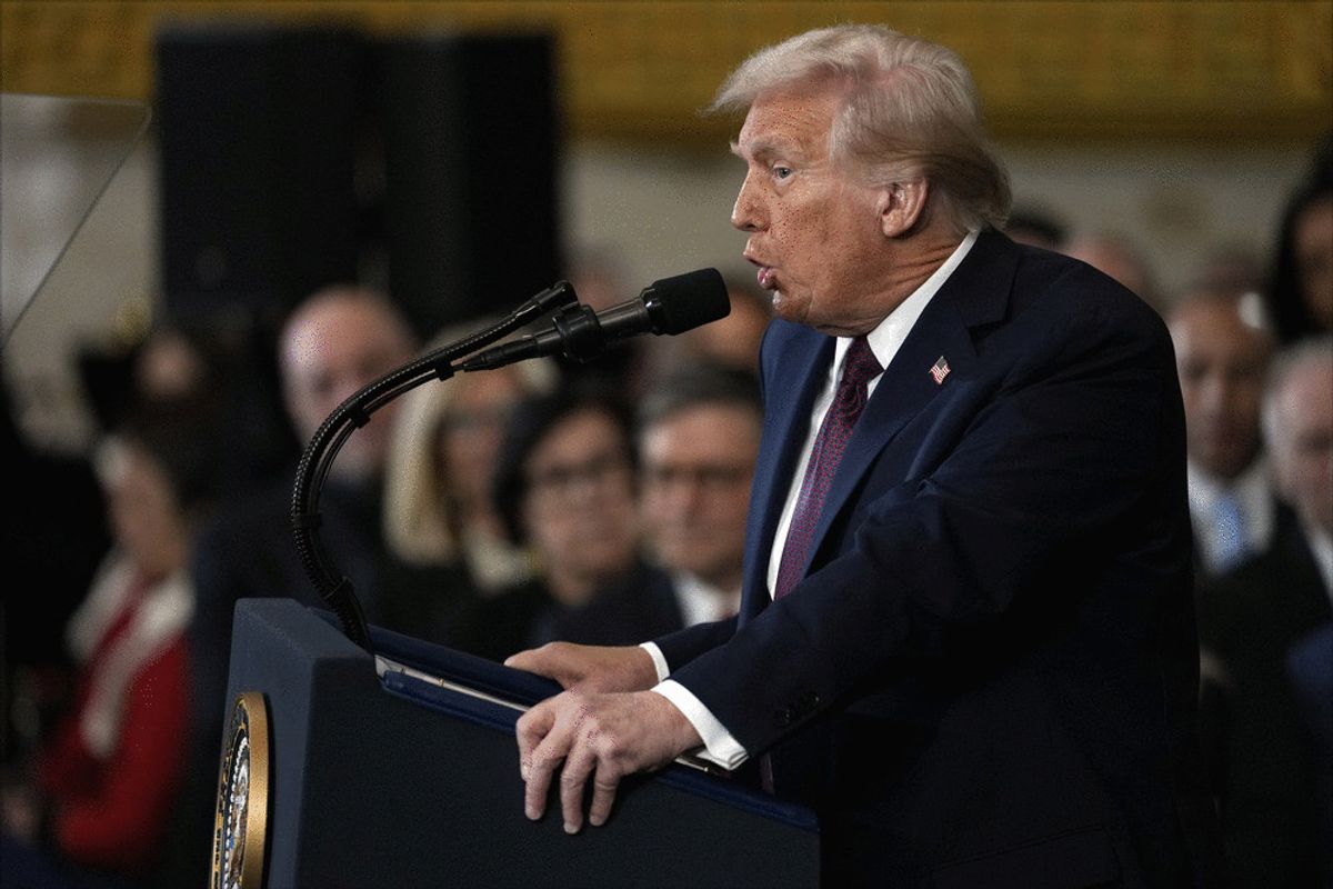 President Donald Trump delivers his inaugural address after being sworn in as the 47th president of the United States in the Rotunda of the U.S. Capitol on January 20, 2025 in Washington, DC. (JULIA DEMAREE NIKHINSON/POOL/AFP via Getty Images)