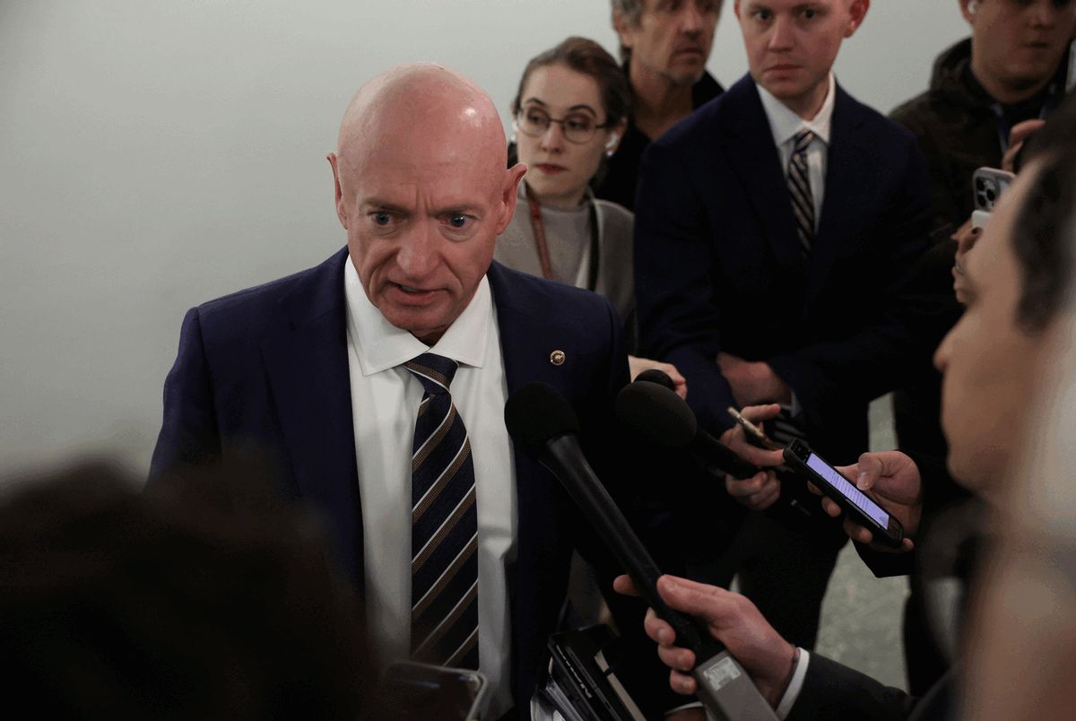 U.S. Sen. Mark Kelly, D-Ariz., speaks to press before the Senate Armed Services Committee confirmation hearing for U.S. President-elect Donald Trump's nominee for Secretary of Defense Pete Hegseth on Capitol Hill on January 14, 2025 in Washington, DC. (Kayla Bartkowski/Getty Images)