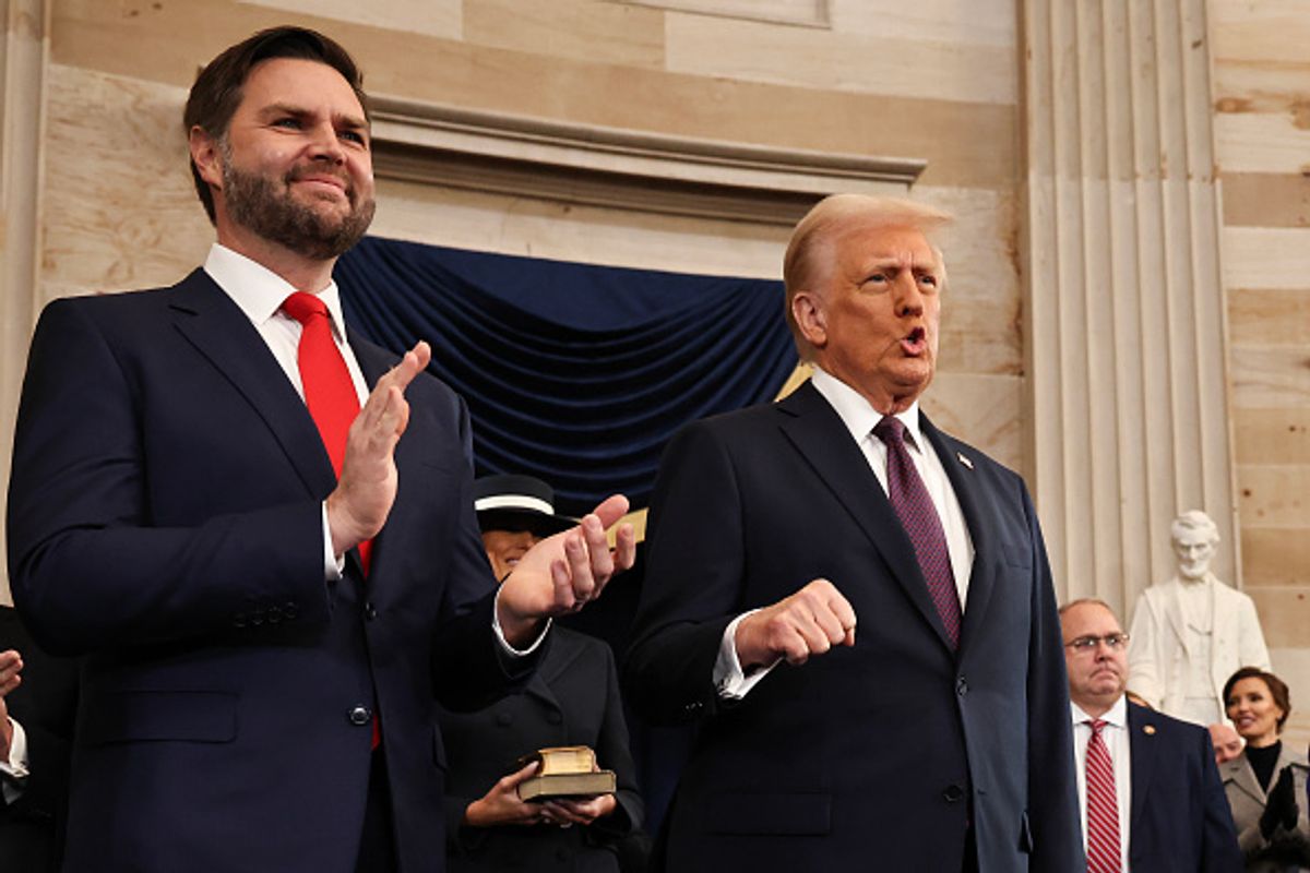 U.S. Vice President-elect former Sen. J.D. Vance (R-OH) and U.S. President-elect Donald Trump arrive to inauguration ceremonies in the Rotunda of the U.S. Capitol on January 20, 2025 in Washington, DC.  (Chip Somodevilla/Getty Images)