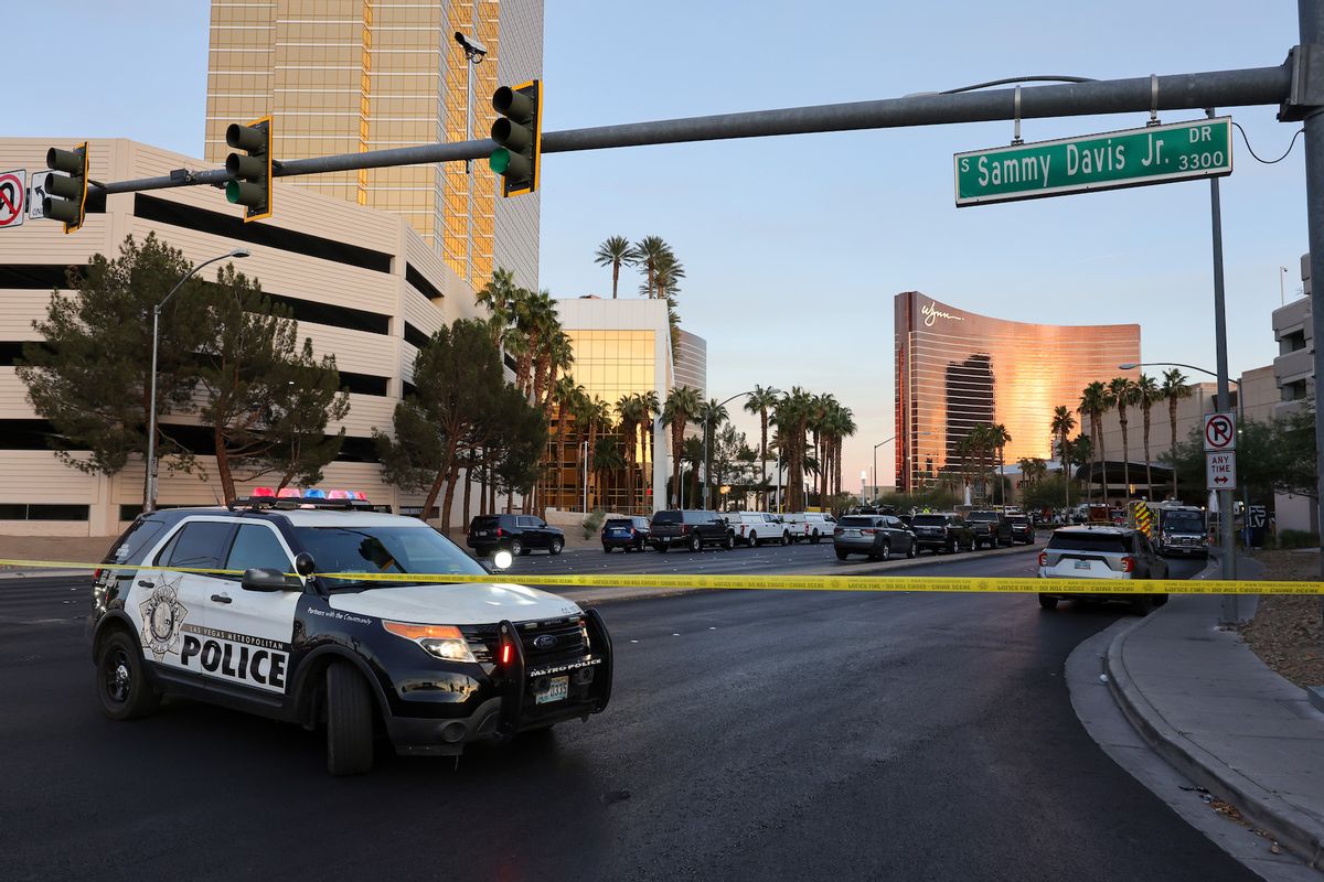 A Las Vegas Metropolitan Police Department vehicle blocks the road near the Trump International Hotel & Tower Las Vegas after a Tesla Cybertruck exploded in front of the entrance on January 1. (Ethan Miller/Getty Images)