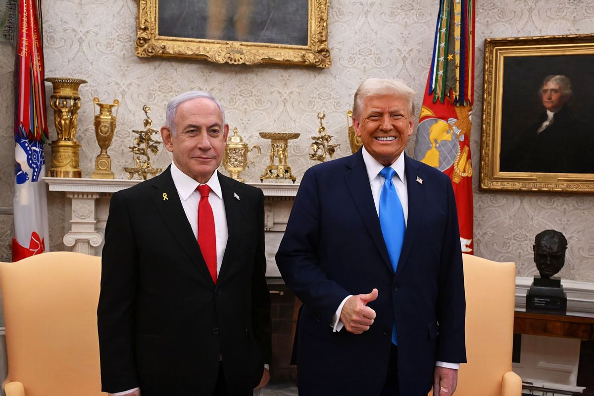 United States President Donald Trump (R) hosts Israeli Prime Minister Benjamin Netanyahu (L) in the White House in Washington DC., United States on February 04, 2025. (Avi Ohayon (GPO) /Handout/Anadolu via Getty Images)