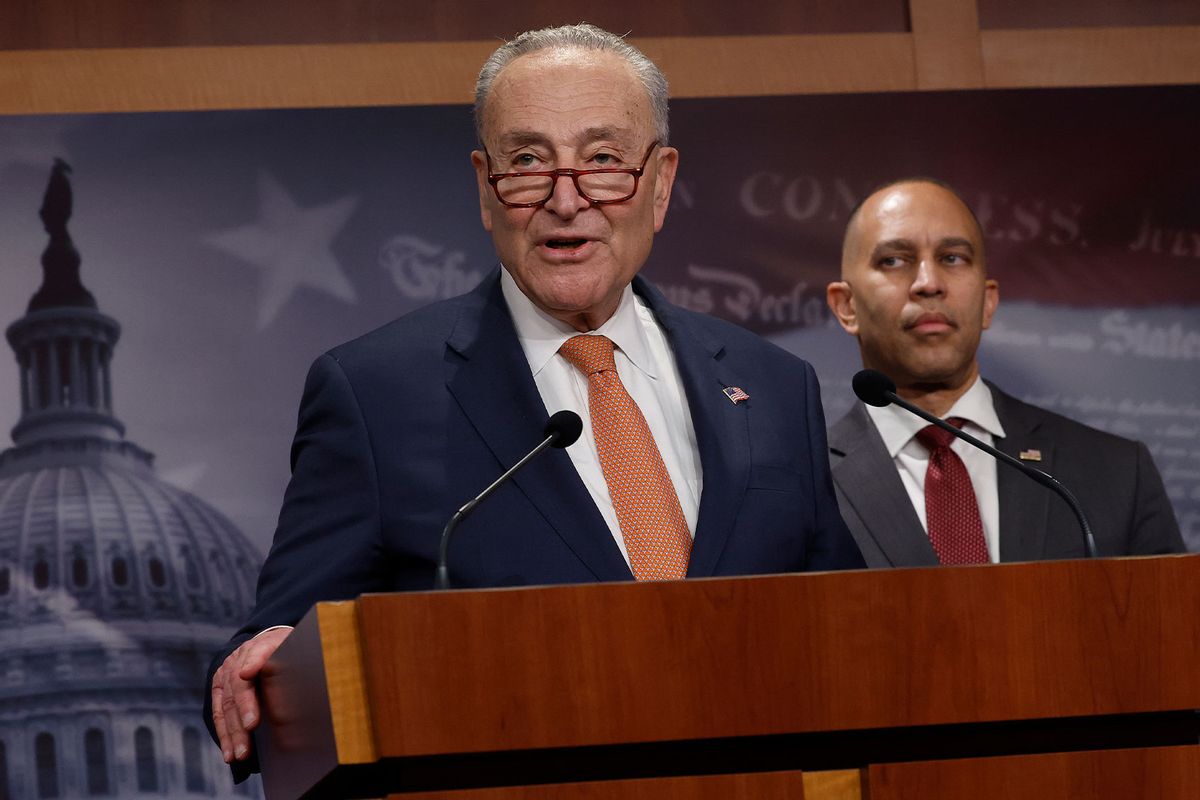 U.S. Senate Minority Leader Charles Schumer (D-NY (L) and House Minority Leader Hakeem Jeffries (D-NY) speaks at a press conference to introduce the Stop The Steal Act at the U.S. Capitol on February 04, 2025 in Washington, DC. (Kevin Dietsch/Getty Images)