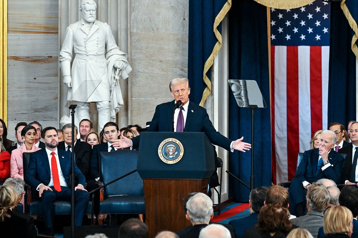 U.S. President Donald Trump speaks Vice President JD Vance, President Joe Biden, Vice President Kamala Harris look on during his inauguration in the U.S. Capitol Rotunda on January 20, 2025 in Washington, DC. (Kenny Holston-Pool/Getty Images)