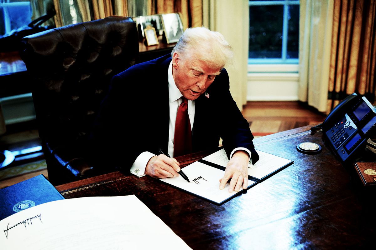 U.S. President Donald Trump signs a memorandum ordering an immediate assessment of aviation safety and ordering an elevation of what he called “competence” over “D.E.I.” in the Oval Office at the White House on January 30, 2025 in Washington, DC. (Chip Somodevilla/Getty Images)