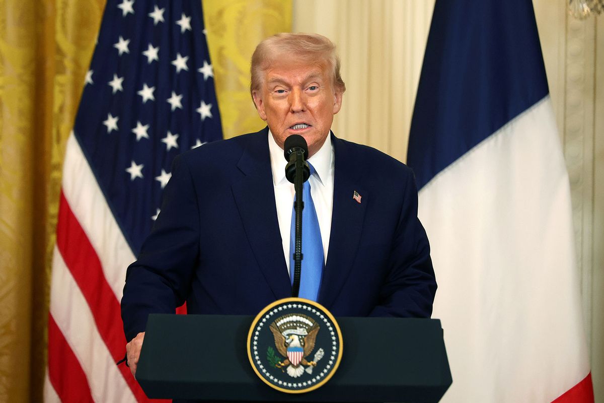 U.S. President Donald Trump delivers remarks during a joint press conference with French President Emmanuel Macron in the East Room at the White House on February 24, 2025 in Washington, DC. (Tasos Katopodis/Getty Images)