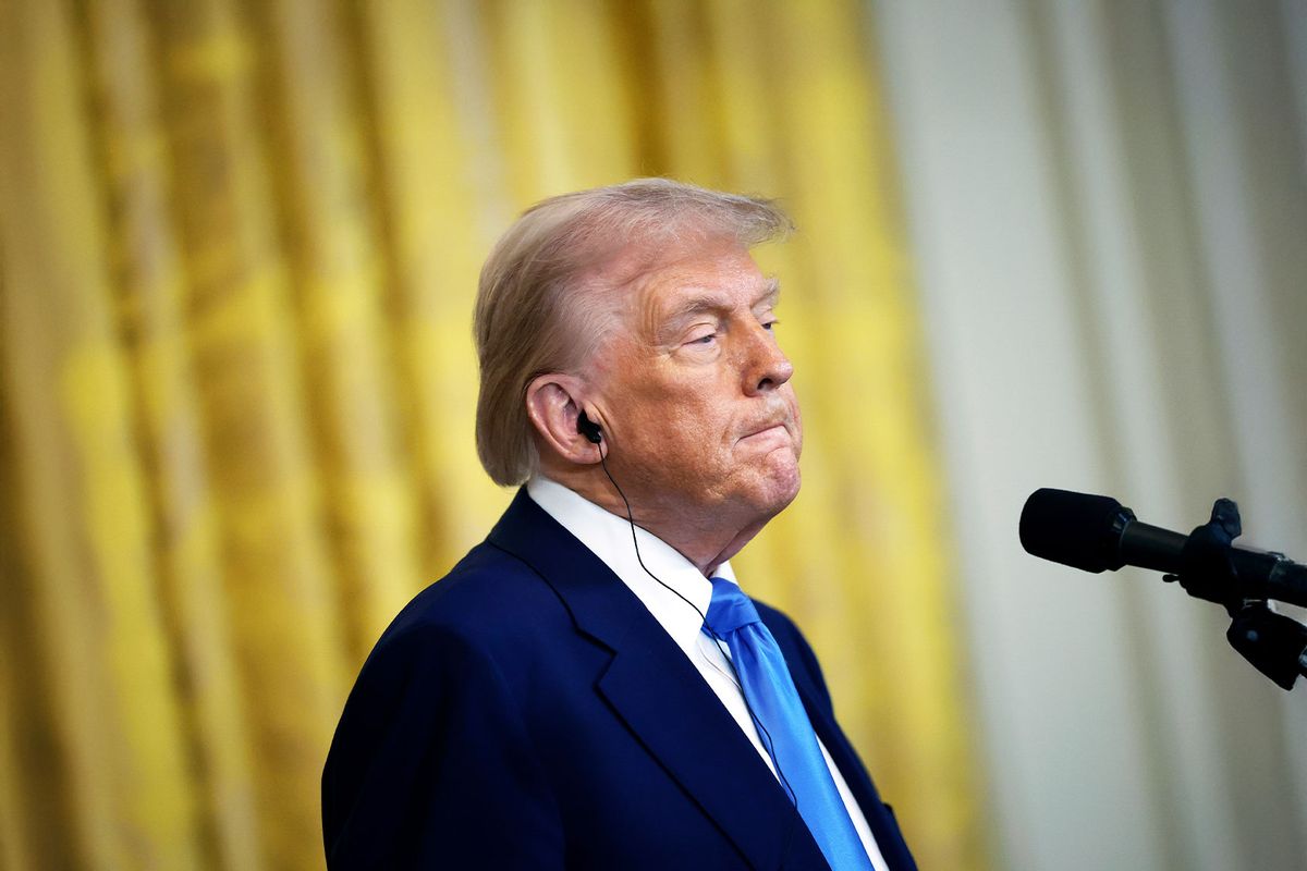 U.S. President Donald Trump delivers remarks during a joint press conference with French President Emmanuel Macron in the East Room at the White House on February 24, 2025 in Washington, DC. (Chip Somodevilla/Getty Images)