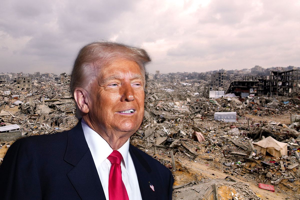Donald Trump and a view of the widespread destruction in Gaza, Jabalia. (Photo illustration by Salon/Getty Images)