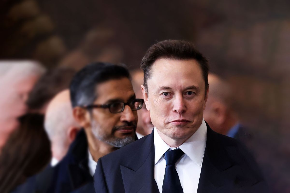 Google CEO Sundar Pichai and Elon Musk arrive for the Inauguration of Donald J. Trump in the U.S. Capitol Rotunda on January 20, 2025 in Washington, DC. (Kevin Lamarque - Pool/Getty Images)