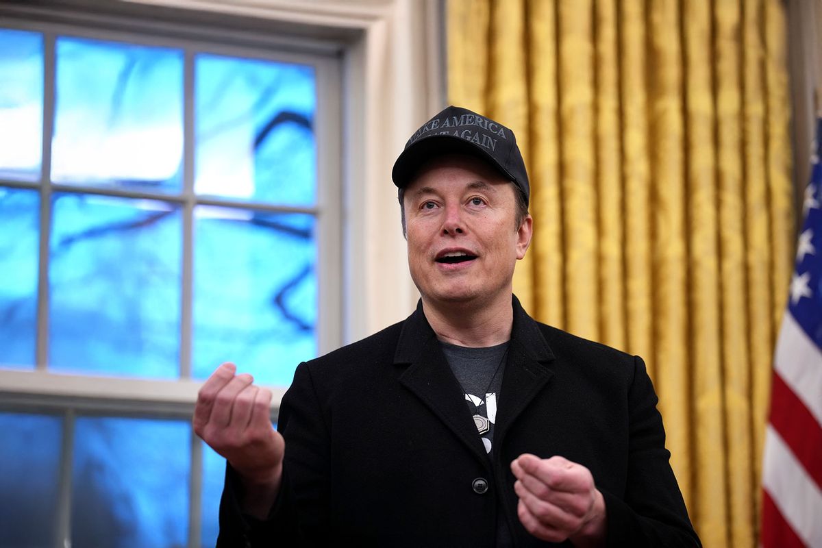 Elon Musk delivers remarks as he joins U.S. President Donald Trump for for an executive order signing in the Oval Office at the White House on February 11, 2025 in Washington, DC. (Andrew Harnik/Getty Images)