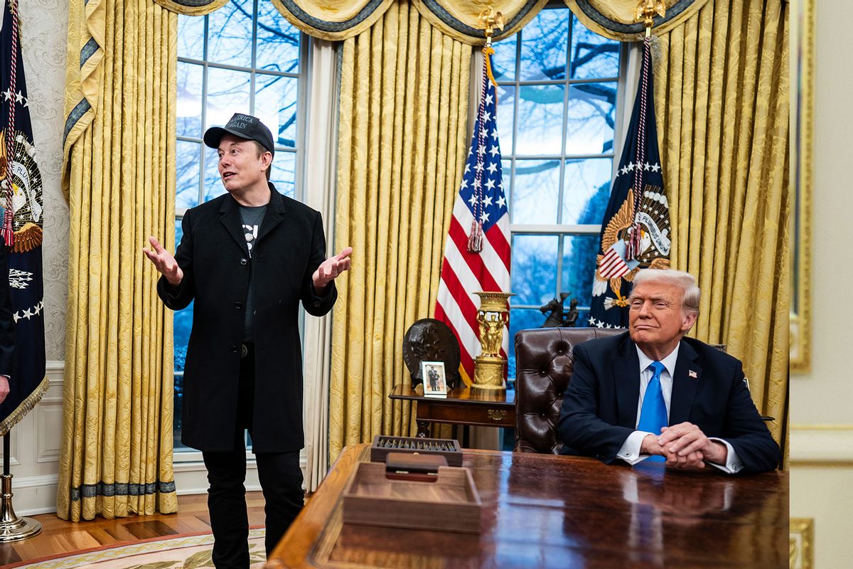 Elon Musk speaks with President Donald Trump and reporters in the Oval Office at the White House, Feb. 11, 2025. (Jabin Botsford/The Washington Post via Getty Images)