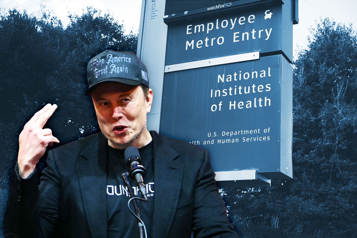 Elon Musk and a sign for the National Institute of Health (Photo illustration by Salon/Getty Images)