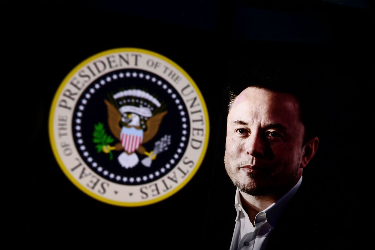 Elon Musk and the seal of the president of the United States (Beata Zawrzel/NurPhoto via Getty Images)