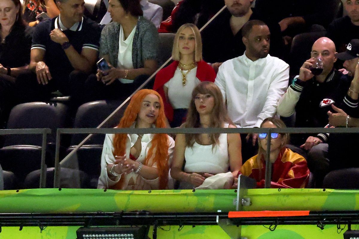 L-R) Ice Spice, Ashley Avignone, and Taylor Swift attend Super Bowl LIX at Caesars Superdome on February 09, 2025 in New Orleans, Louisiana. (Jamie Squire/Getty Images)