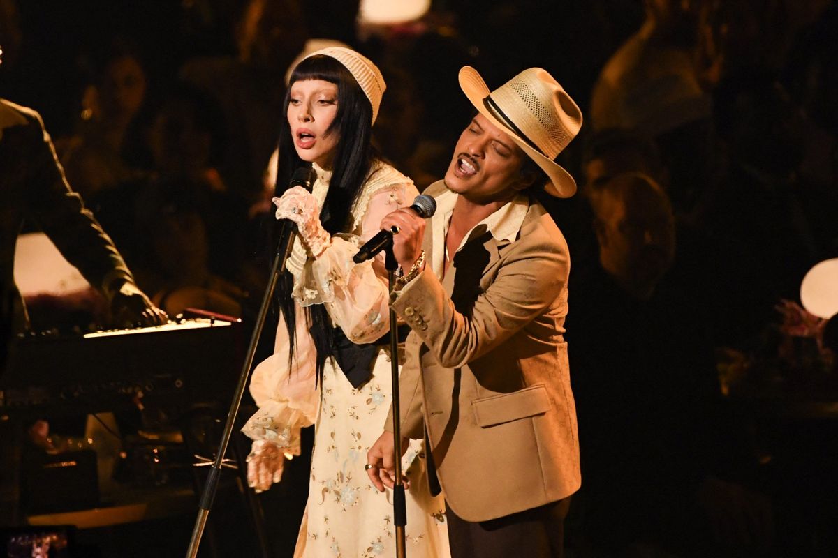 Lady Gaga (L) and Bruno Mars perform on stage during the 67th Annual Grammy Awards at the Crypto.com Arena in Los Angeles on February 2, 2025. (VALERIE MACON/AFP via Getty Images)