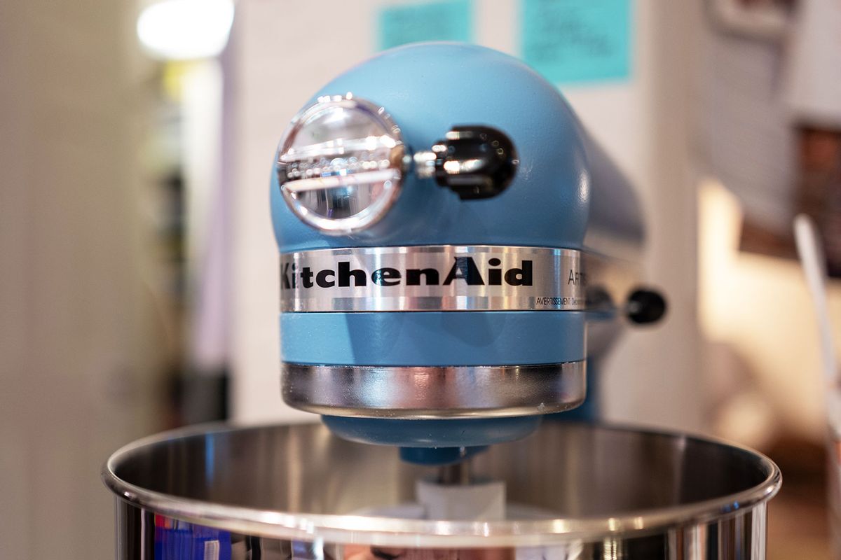 Close-up of logo for Kitchenaid on an Artisan series stand mixer, Lafayette, California, April 18, 2024. (Smith Collection/Gado/Getty Images)