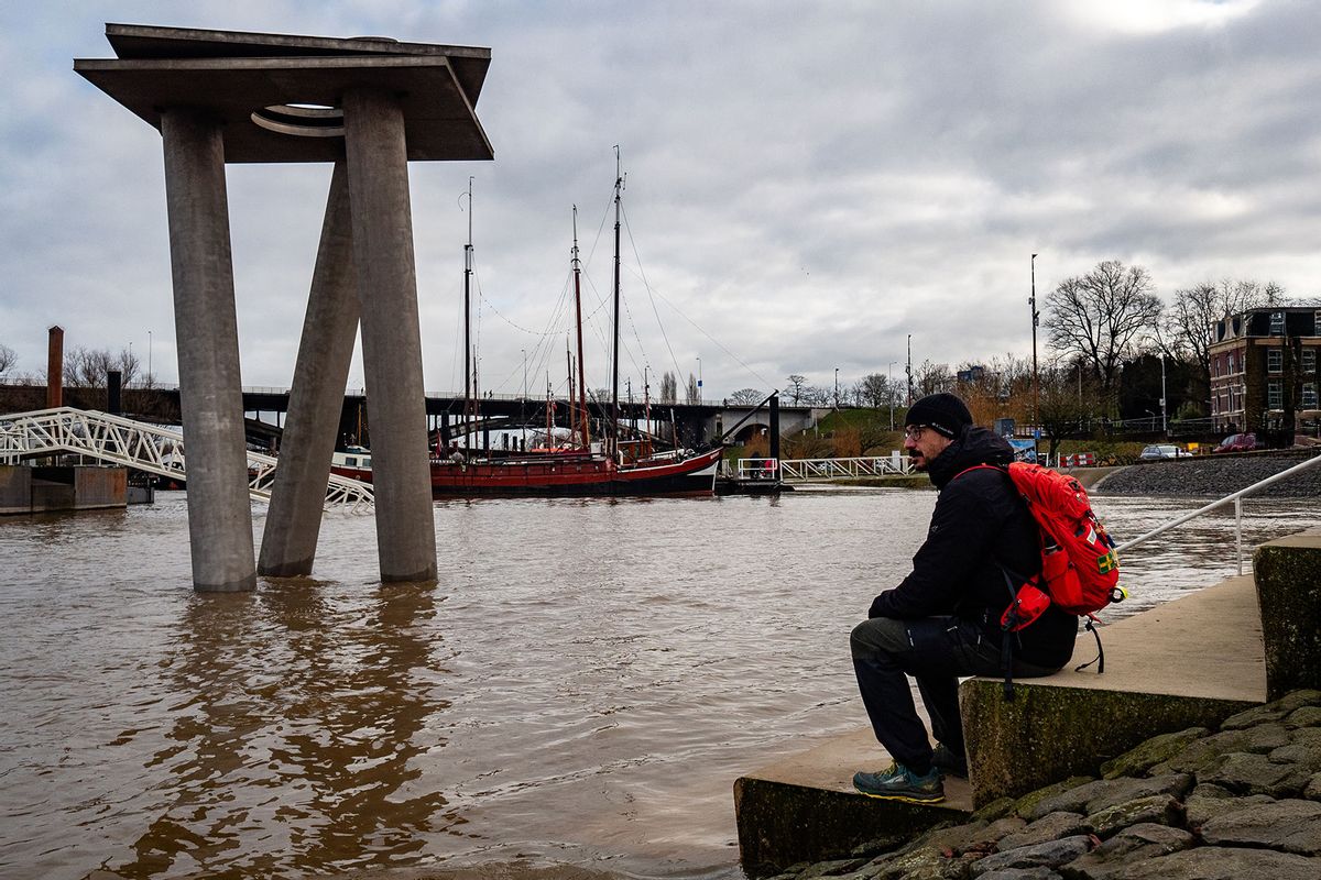 In Nijmegen, Netherlands, on January 12, 2025, the short-lived high water wave from Germany causes a rise in the water levels. Low parts of the quay around the harbor at the Waalkade and low parts of the dikes are underwater. (Romy Arroyo Fernandez/NurPhoto via Getty Images)