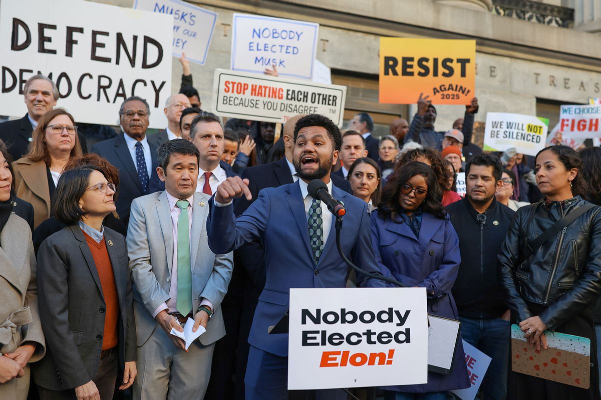 Rep. Maxwell Frost (D-Fla.) speaks during the We Choose To Fight: Nobody Elected Elon Rally at the U.S. Department Of The Treasury on February 04, 2025 in Washington, DC. (Jemal Countess/Getty Images for MoveOn)