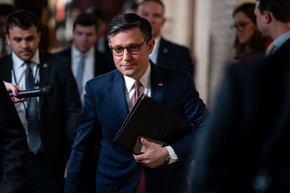 Speaker of the House Mike Johnson (R-LA) departs a House Republican Conference Meeting at the U.S. Capitol on February 11, 2025 in Washington, DC. (Kent Nishimura/Getty Images)