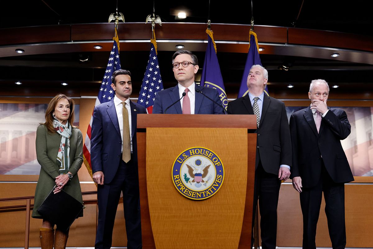 U.S. House Speaker Mike Johnson (R-LA) (C) speaks during a news conference after the House Republican Conference meeting at the U.S. Capitol Building on February 11, 2025 in Washington, DC. (Anna Moneymaker/Getty Images)