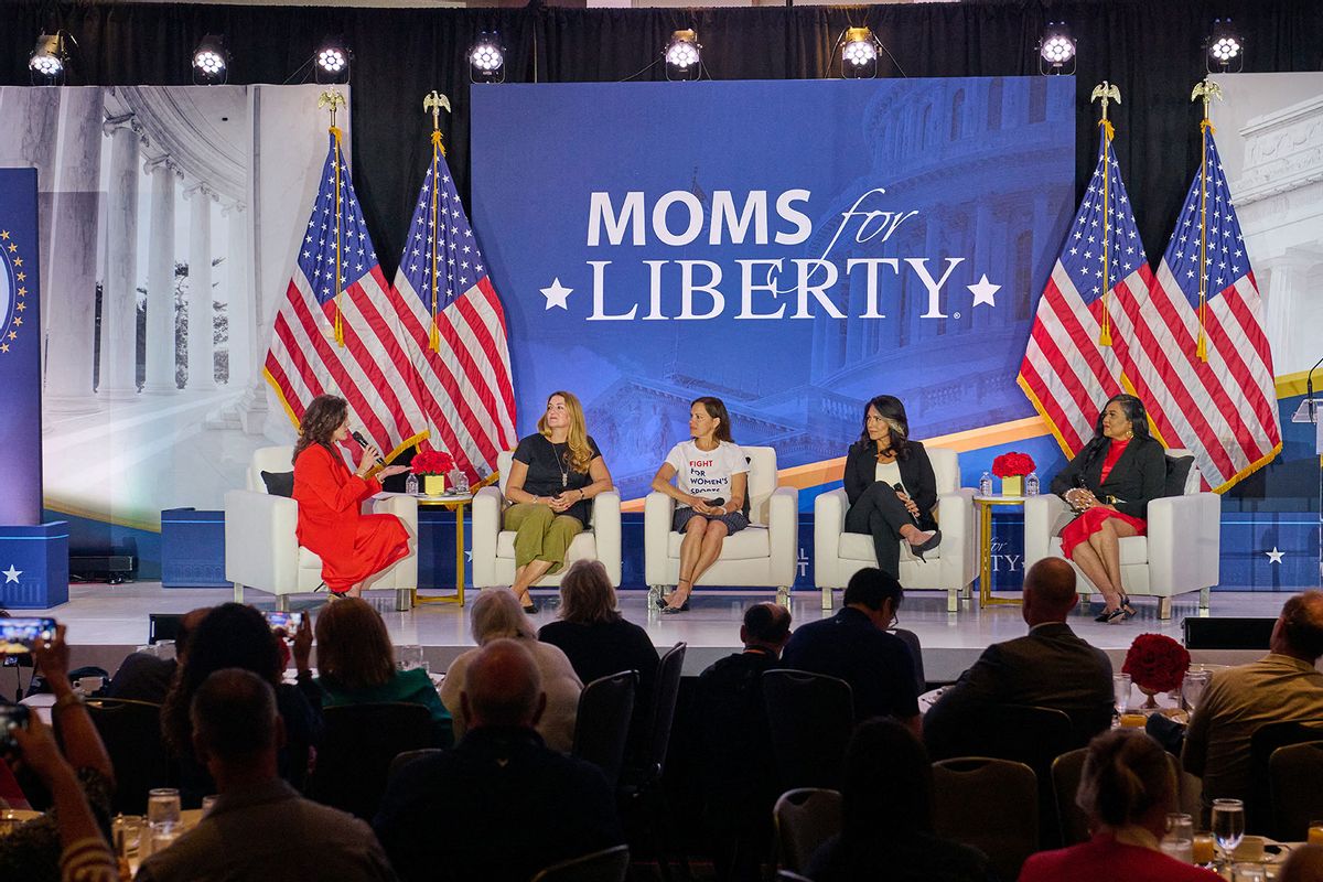 Mom's for Liberty co-founder Tiffany Justice speaks with Maud Maron, Jennifer Sey, Tulsi Gabbard, and Texas State Rep. Shawn Thierry at the 2024 Mom's for Liberty National Summit in Washington D.C., Friday, August 30, 2024. (DOMINIC GWINN/Middle East Images/AFP via Getty Images)