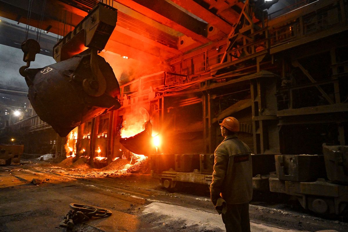 An employee works in an open-hearth furnace shop at Zaporizhstal PJSC in Zaporizhzhia, Ukraine, on November 13, 2024. (Ukrinform/NurPhoto via Getty Images)