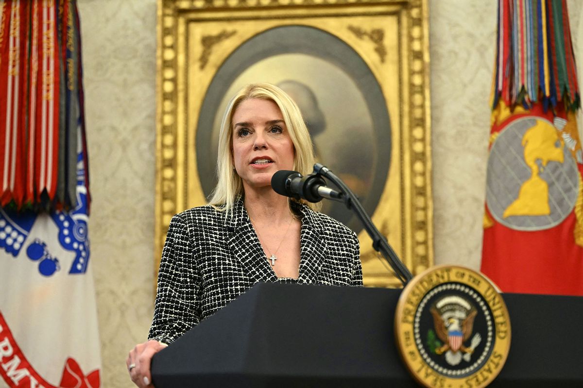 Pam Bondi speaks after being sworn in as US Attorney General in the Oval Office of the White House in Washington, DC, on February 5, 2025. (ANDREW CABALLERO-REYNOLDS/AFP via Getty Images)