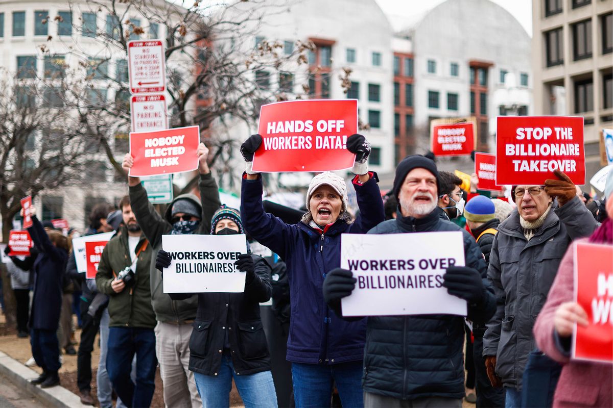 Protesters rally against the Department of Government Efficiency (DOGE) outside the U.S. Department of Labor (DOL) on February 05, 2025 in Washington, DC. (Kena Betancur/VIEWpress/Getty Images)