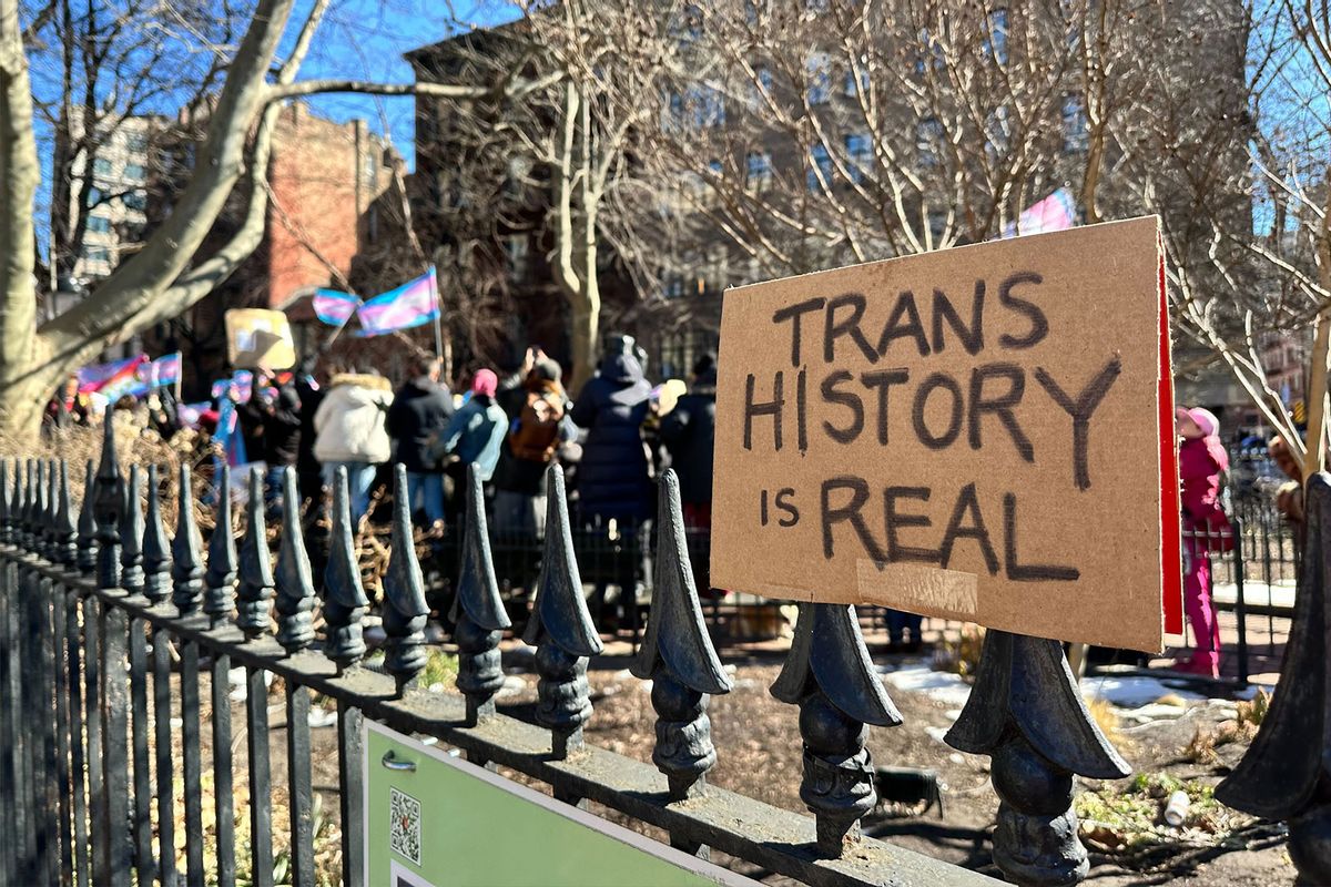 "Can't spell history without a T": Hundreds protest Trump's trans erasure at Stonewall