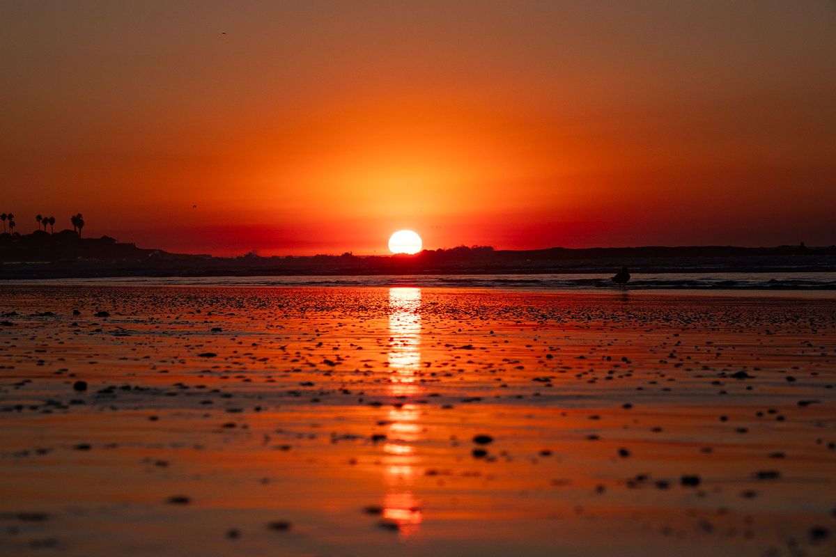 The sun is reflected on the sand on a warm, winter day at La Jolla Shores beach as smoke from the Los Angeles fires settles on the Pacific Ocean at sunset on January 10, 2025 in San Diego, California. (Kevin Carter/Getty Images)