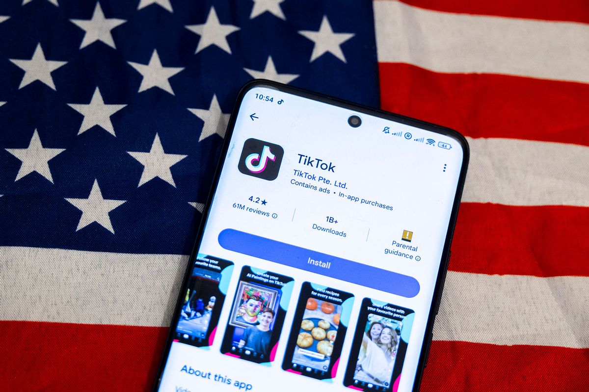 TikTok app in the App Store on a smartphone screen displayed with the American flag (USA). (Nicolas Economou/NurPhoto via Getty Images)