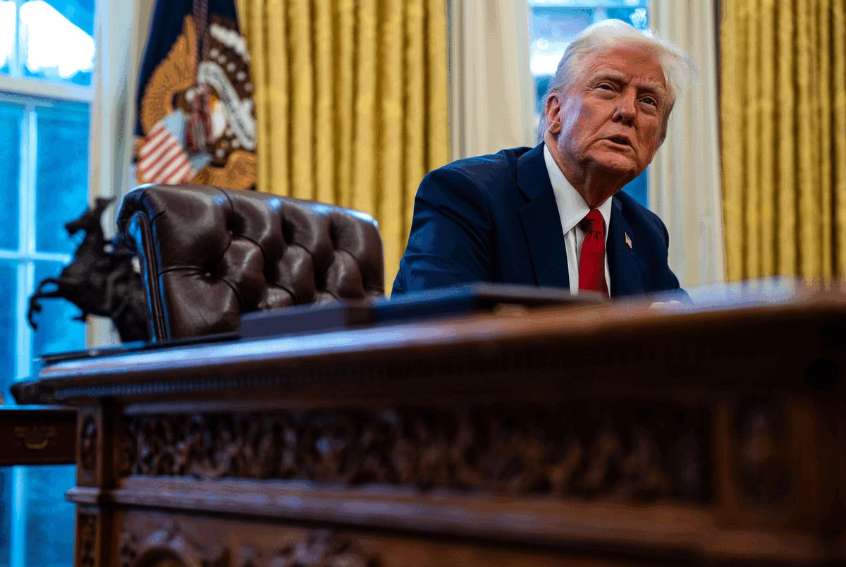 President Donald Trump speaks to members of the press after signing two executive orders in the Oval Office of the White House on January 30, 2025 in Washington, DC. (Kent Nishimura for The Washington Post via Getty Images)