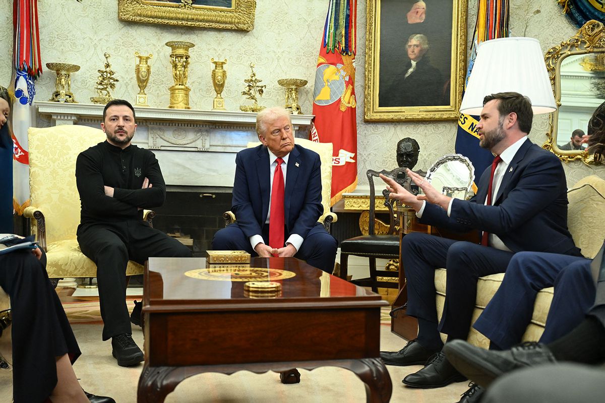 US President Donald Trump and Ukraine's President Volodymyr Zelensky listen to Vice President JD Vance (R)as they meet in the Oval Office of the White House in Washington, DC, February 28, 2025. (SAUL LOEB/AFP via Getty Images)