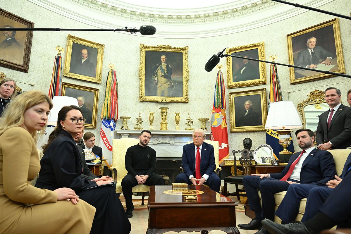 US President Donald Trump and Ukraine's President Volodymyr Zelensky meet in the Oval Office of the White House in Washington, DC, February 28, 2025. (SAUL LOEB/AFP via Getty Images)