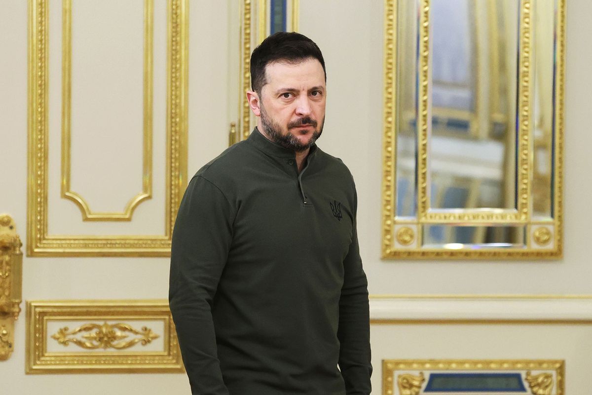 President of Ukraine Volodymyr Zelenskyy speaks during a joint briefing with President of the European Investment Bank Nadia Calviño on February 10, 2025 in Kyiv, Ukraine. (Viktor Kovalchuk/Global Images Ukraine via Getty Images)