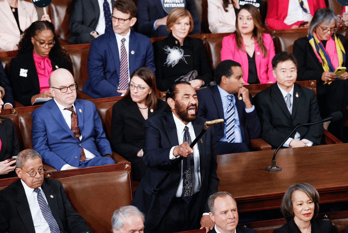 Rep. Al Green (D-Texas) yells toward President Donald Trump as he addresses a joint session of Congress in the Capitol building's House chamber in Washington, D.C., on March 4, 2025. (Tom Brenner for The Washington Post via Getty Images)