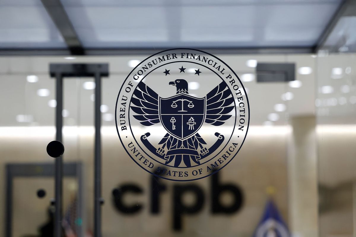 The entrance to the Consumer Financial Protection Bureau (CFPB) headquarters is seen during a protest on February 10, 2025 in Washington, DC. (Anna Moneymaker/Getty Images)