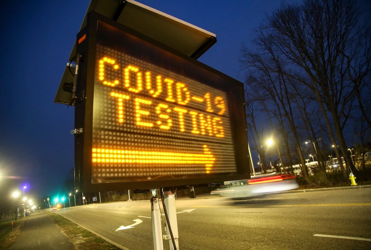 Stony Brook, N.Y.: A digital sign directs people to the drive-through coronavirus testing area which began on the main campus of Stony Brook University on March 18, 2020. Those wishing to be tested must first make an appointment.  (Photo by John Paraskevas/Newsday RM vis Getty Images)