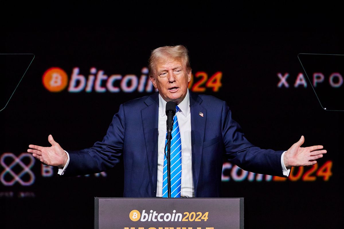 Donald Trump reacts at the 2024 Bitcoin Conference in Nashville, TN. (Johnnie Izquierdo for The Washington Post via Getty Images)