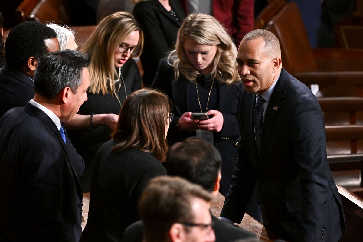 House Minority Leader Hakeem Jeffries (D-N.Y.), right, seen on the floor before President Donald Trump addresses a joint session of Congress in the Capitol building's House chamber in Washington, D.C., on March 4, 2025. (Ricky Carioti/The Washington Post via Getty Images)